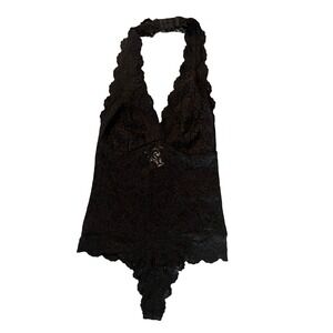 Marciano Black Lace Halter Bodysuit XS Floral Scalloped V-Neck Thong (0906)